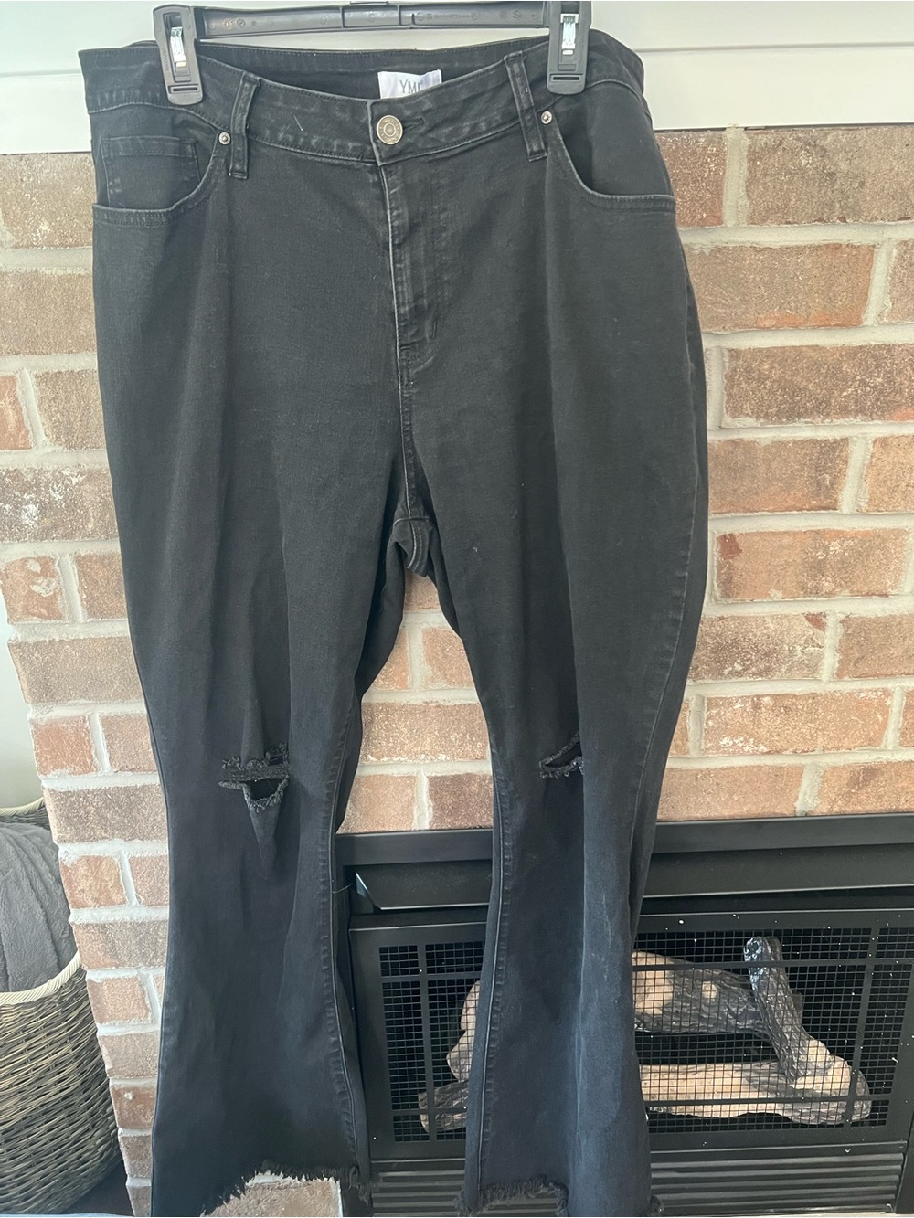 YMI Black Wide Leg Flare Jeans with Knee Distressing